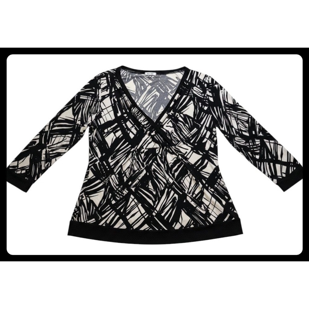 Liz & Co. Tunic Top Women L Black White Abstract Faux Wrap Casual
